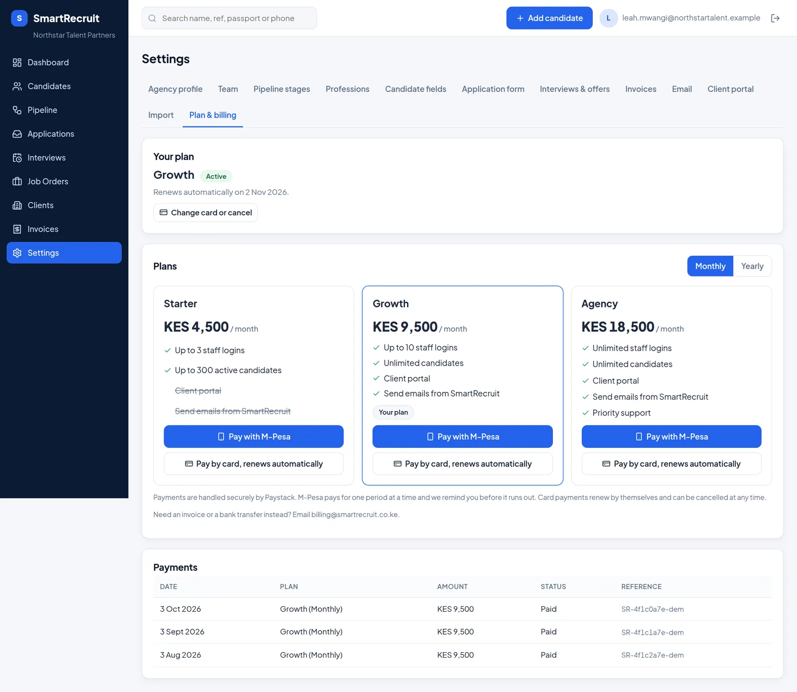 Plan and billing page with the three plans