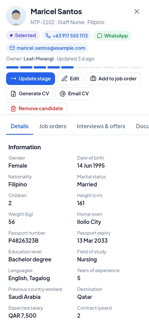 Candidate profile on a phone