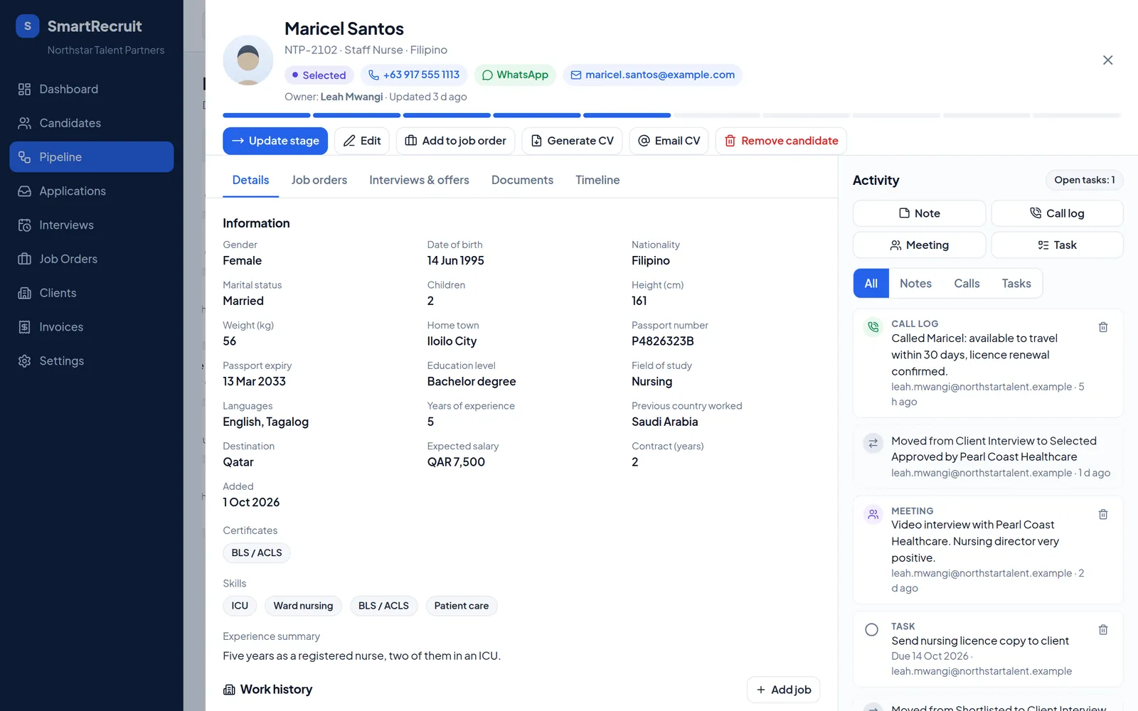Candidate profile with documents, stages and activity